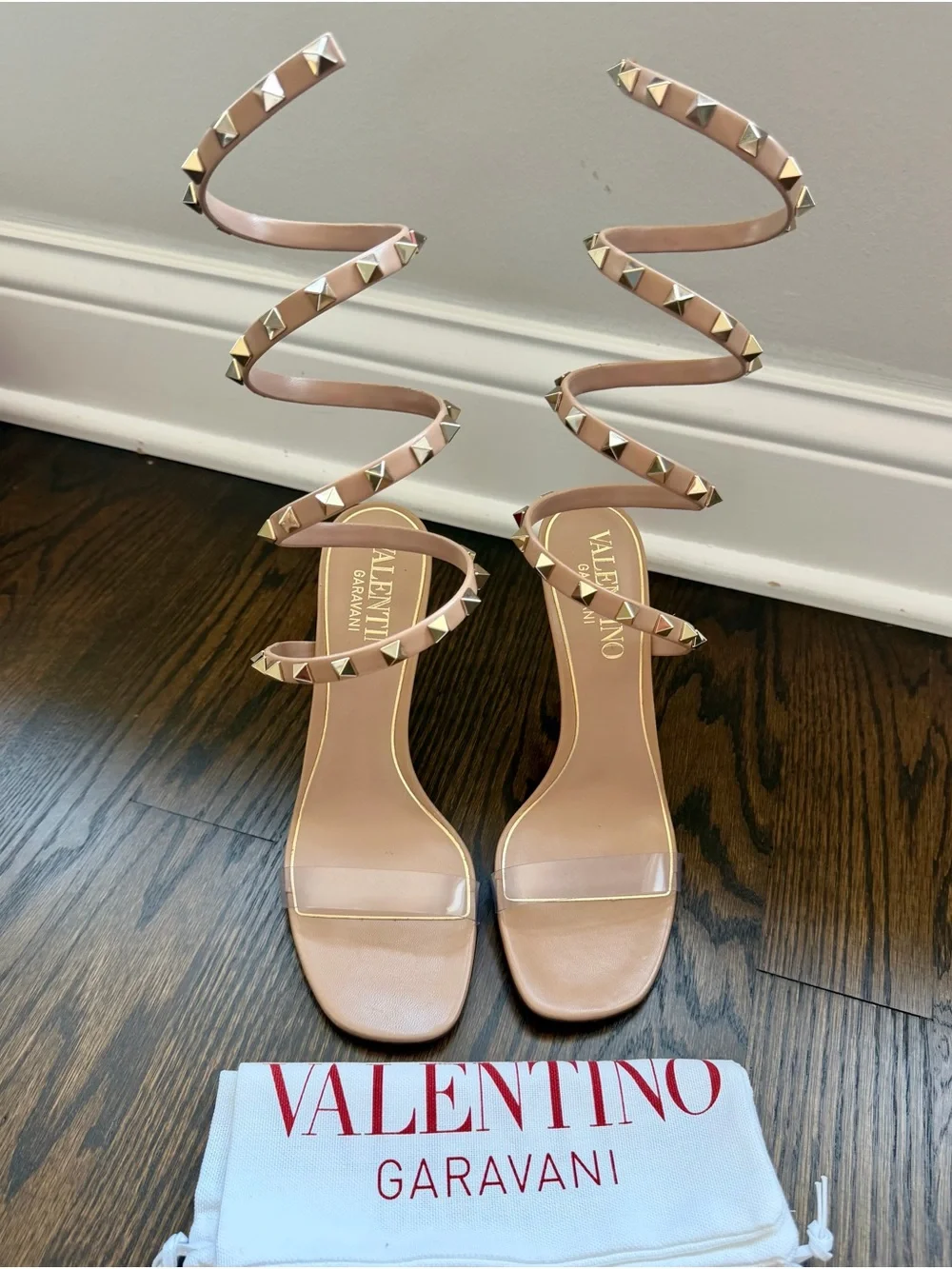 Valentino Garavani Nude Spiral Rockstud Wrap-Heel Sandals